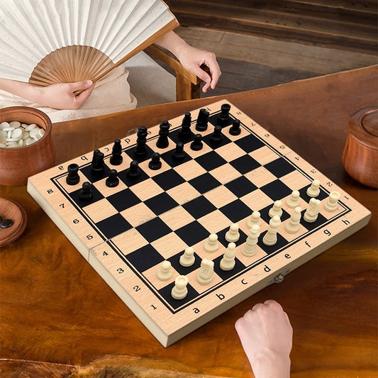 A set of three in one wooden chess solid wood set, foldable portable chessboard puzzle toy